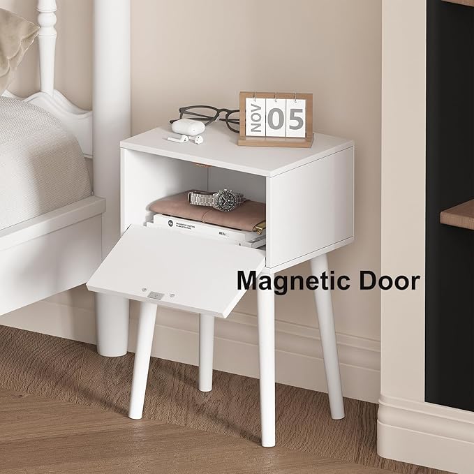 LAATOOREE Nightstand Set of 2, Small Bed Side Table with Arch Door, Mid-Century End Table with Wood Legs for Bedroom, Small Space (White)