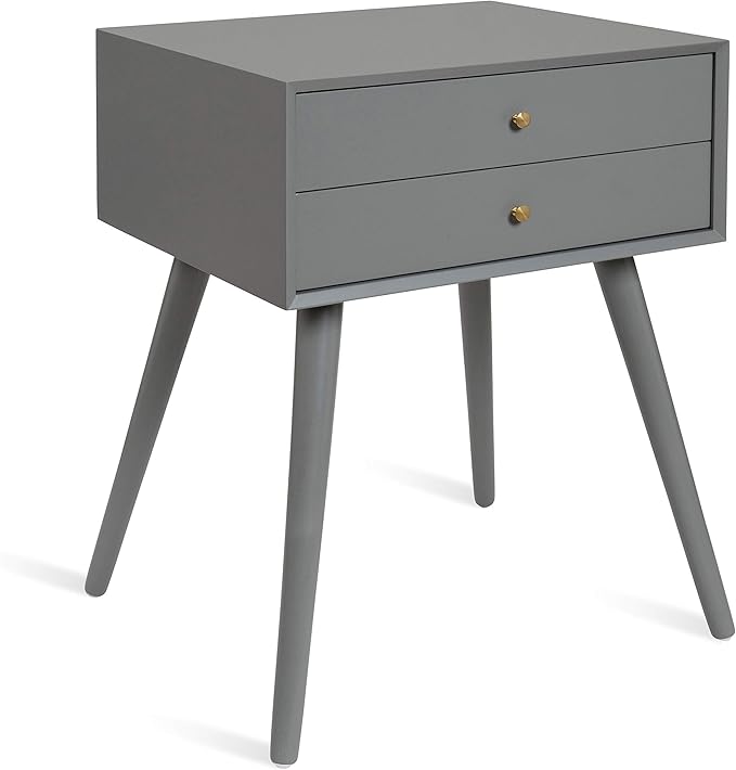 Kate and Laurel Finco Midcentury Modern Style Side Table with 2 Drawers, Gray Finish with Brass Hardware