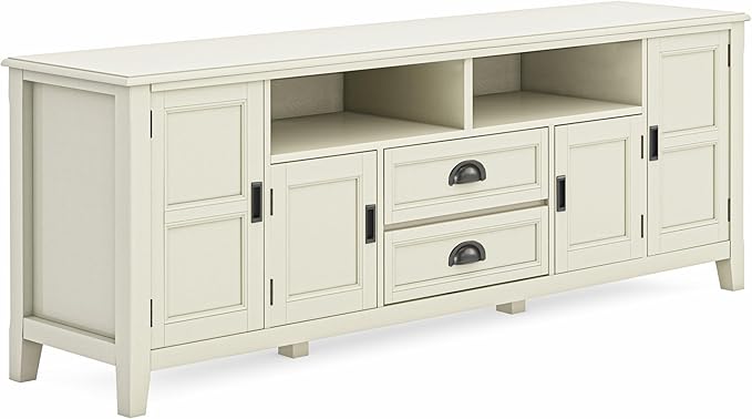 SIMPLIHOME Burlington SOLID WOOD 72 Inch Wide Transitional TV Media Stand in Antique White for TVs up to 80 Inches, For the Living Room and Entertainment Center