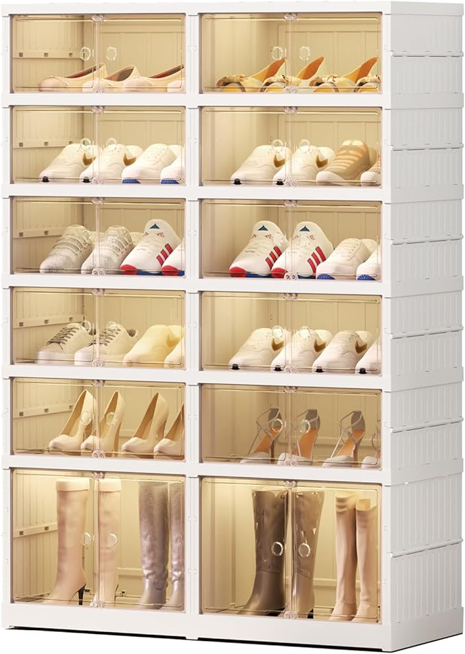 6 Tier Foldable Shoe Rack Organizer for Closet 12-24Pairs Plastic Collapsible Shoe Shelf for front door entrance Stackable Clear Folding Shoes Storage Boxes XLarge Shoe Cabinet