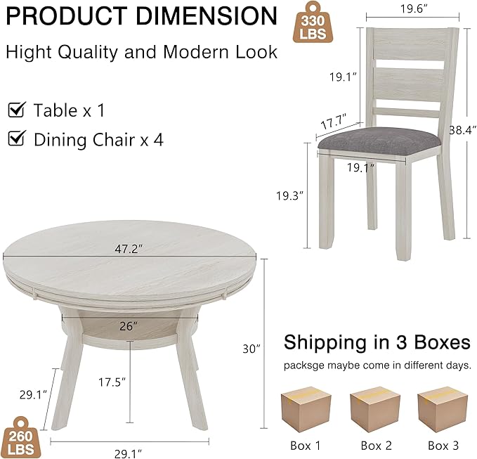 5-Piece Solid Wood Dining Table Set for 4, Round Kitchen Table Set with 4 Upholstered Chairs, Farmhouse Dining Sets for Kitchen, Dining Room, Rustic Grey