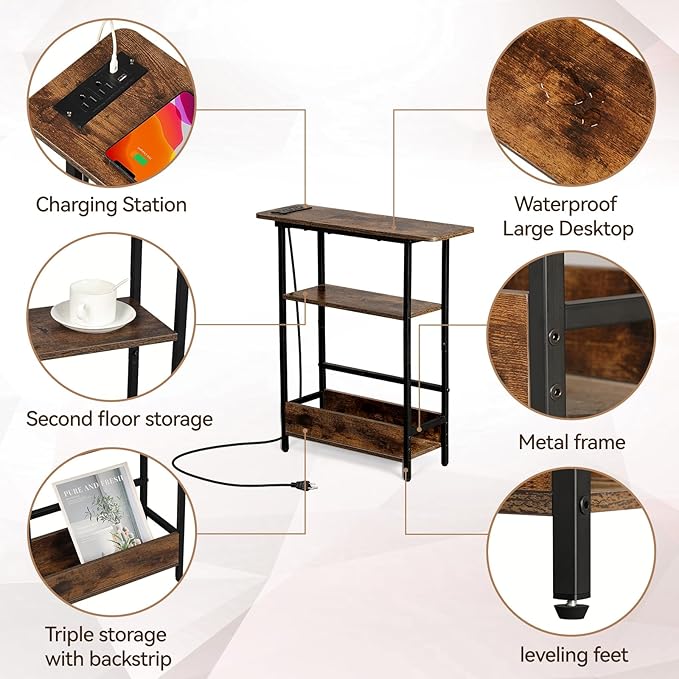 Narrow Side Table with USB-C Charging Station, 3-Tier Slim End Table with Magazine Holder, Modern Side Table for Couch or Small Spaces, Skinny Nightstand for Living Room or Bedroom