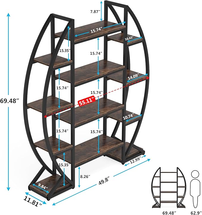Tribesigns Oval Bookshelf, Triple Wide 5 Tier Etagere Bookcase, Industrial Display Shelves for Living Room (Brown, 55")