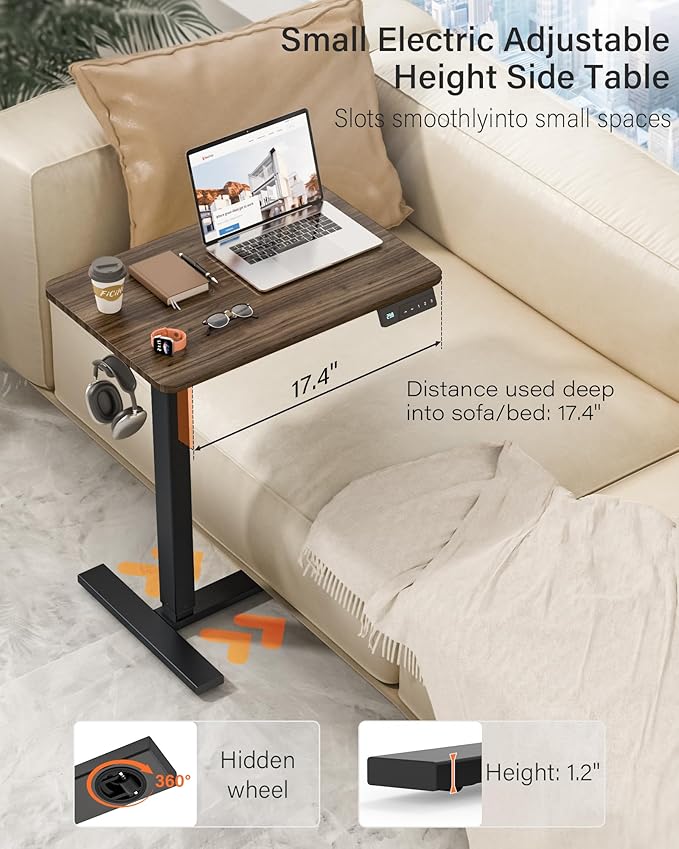 Mobile Standing Desk with Wheels - Electric Height Adjustable Small Movable Laptop Desk, Portable Rolling Computer Sit Stand Side Table for Home Office, Sofa&Bedside Use (27.6",Walnut)