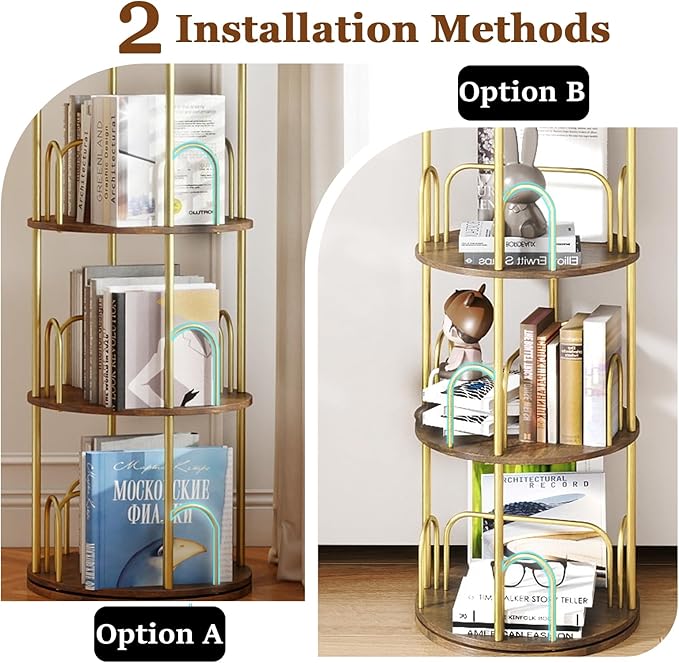 5-Tier Rotating Bookshelf, 360° Round Spinning Book Shelf Tower, Tall Skinny Wood & Metal Bookshelf for Corner/Office/Home, Modern Industrial Vintage Style