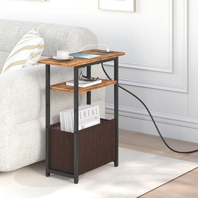 Narrow Side Table with Charging Station, Small End Table for Small Spaces, Skinny Nightstands with Storage Basket, 3 Tier Sofa Couch Bedside Tables for Living Room,Bedroom, Rustic Brown
