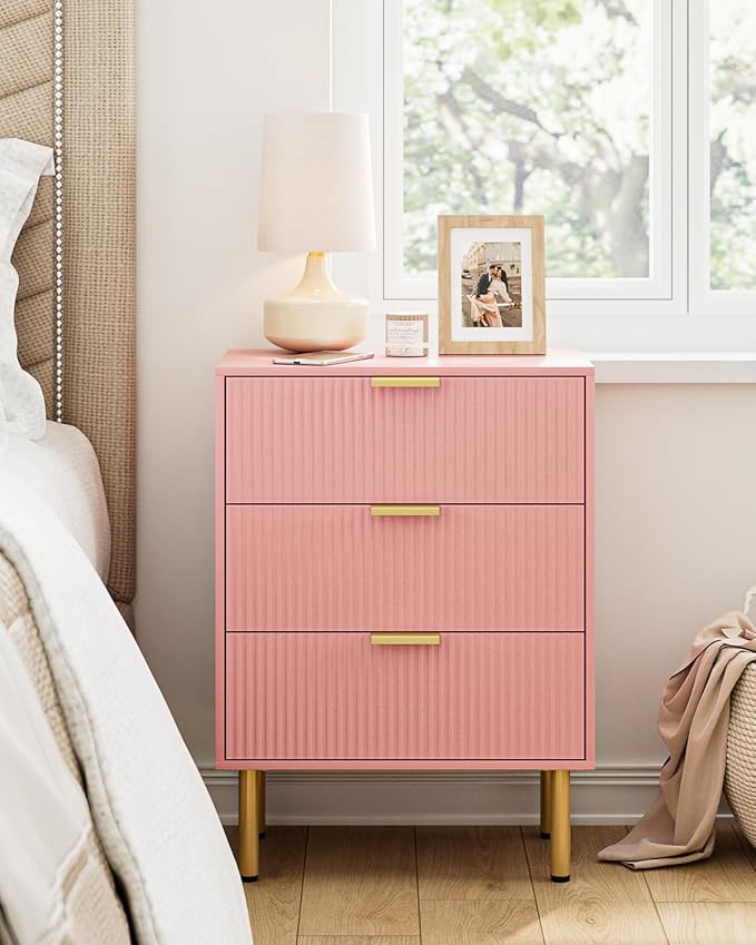 Night Stand,Tall Bedside Table with 3Storage Drawers,Pink nightstand,Bedside Furniture,Side Table with Gold Frame,Drawer Dresser for Bedroom,Living Room (Modern-3drawers, Pink)