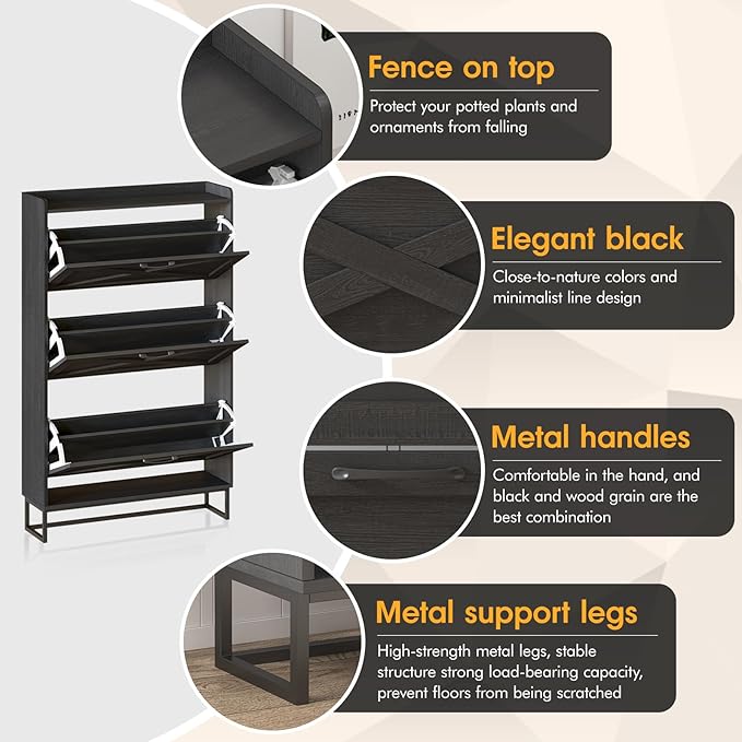 Maupvit Shoe Storage Cabinet with 3 Flip Drawers, Freestanding Organizer with Metal Legs for Entryway, Narrow Shoe Rack Cabinet, Black