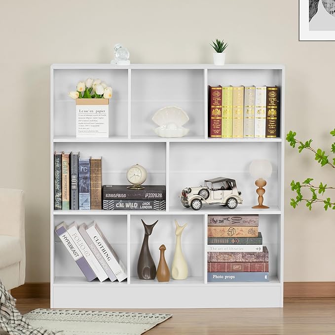 YAHARBO 3 Tier Bookshelf,Wide Kids Horizontal Bookcase,8 Cube Blue Book Shelf,Large Display Toy Storage Cabinet with Base,Floor Standing Modern Bookcases Organizer for Bedroom,Nursery,Playroom