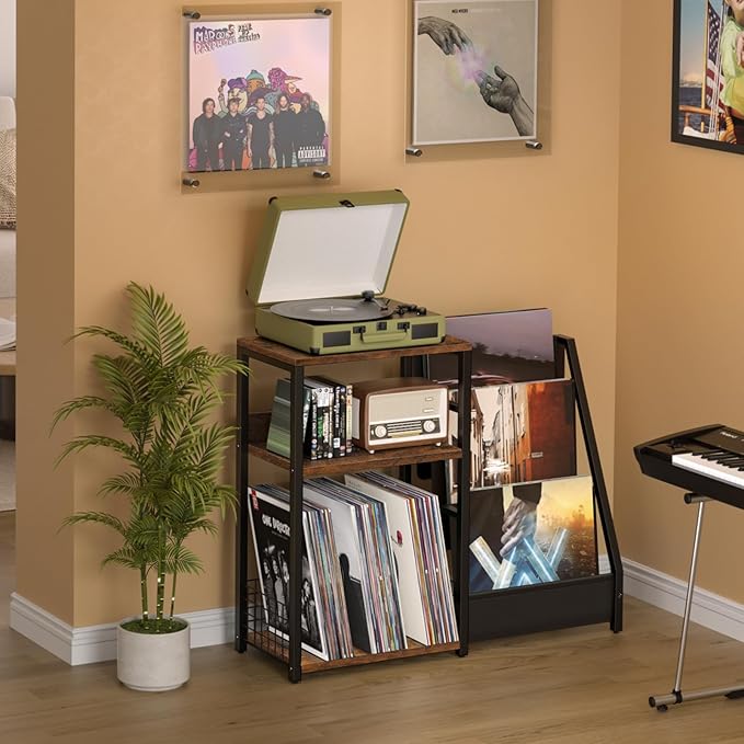 LELELINKY Record Player Stand with Vinyl Storage, 3 Tier Turntable Stand with Display Shelf Storage Up to 150 Albums,Brown End Table for Living Room