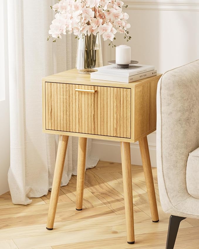 Night Stand, Oak Nightstand with Fluted Door, Small Modern Mid-Century Bedside Table for Bedroom, End Table for Living Room