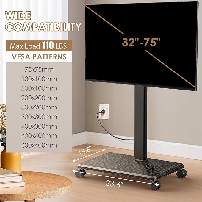 Rolling TV Stand with Power Outlet, Swivel Mobile Portable TV Cart for 32-75 Inch TVs up to 110 lbs, Landscape to Portrait, Height Adjustable Outdoor TV Stand with Wheels, Max VESA 600x400mm