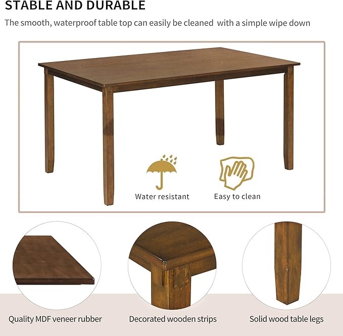 6 Pieces Dining Table Set with 60" Rectangle Kitchen Desk,Living Room Furniture W/ 4 "X-Shaped Curved Backres Fabric Chairs & 1 Bench,for Restaurant,Home Bistro,Natural Cherry