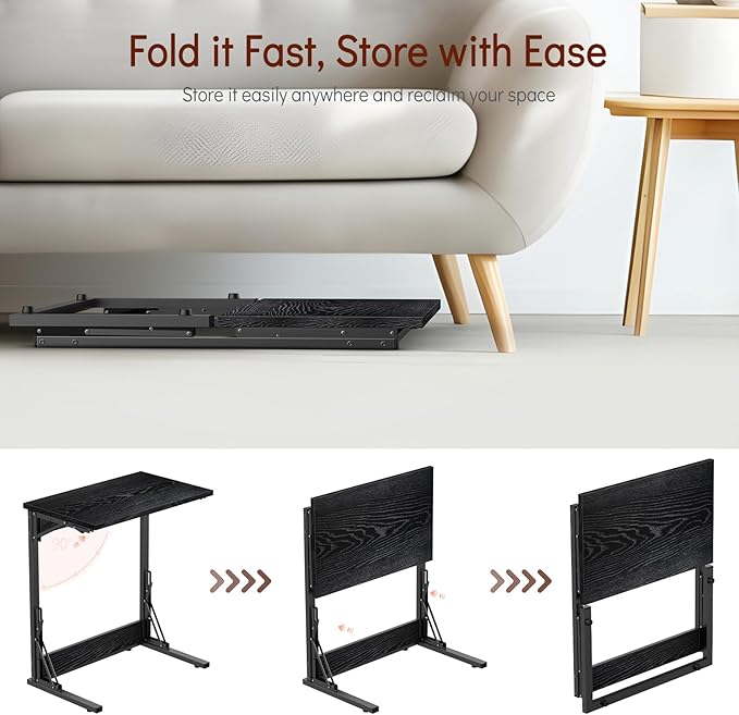 Tatub 24" Folding C Shaped End Table Set of 2, Small Sofa Side Laptop Desk, Couch TV Tray Table for Living Room, Bedroom, Black