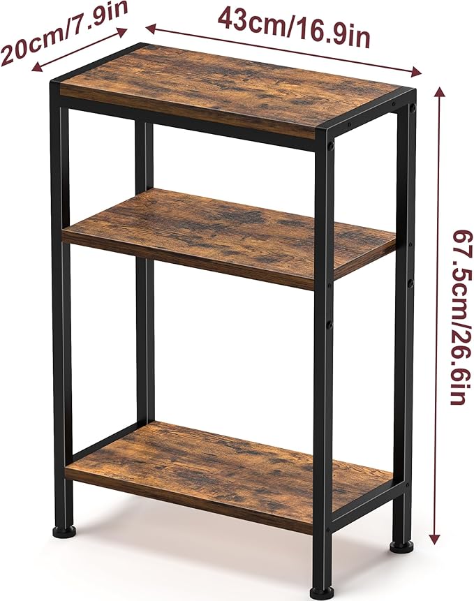 Narrow Side Table for Small Space, 3-Tier Small End Table with Shelf Holder, Slim Nightstand, Skinny Snack Couch Table in Living Room, Bedroom, Study, Kitchen and Balcony（Rustic Brown
