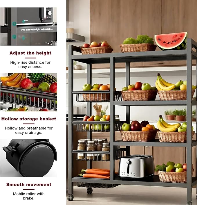 4-Tier Versatile Metal Storage Rack,Vegetable Fruit Basket Kitchen Storage Rolling Cart on Wheels, Kitchen Storage Shelf with 4 Removable Mesh Baskets,Can be Used in Bedrooms,Kitchens,Living Rooms