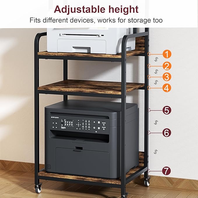 4 Tier Printer Stand with Storage Shelf, Large Tall Printer Table for Home Office, Movable Printer Cart with Industrial Wheels for Paper Shredder Scanner Fax Heat Press Small Space (Rustic Brown)