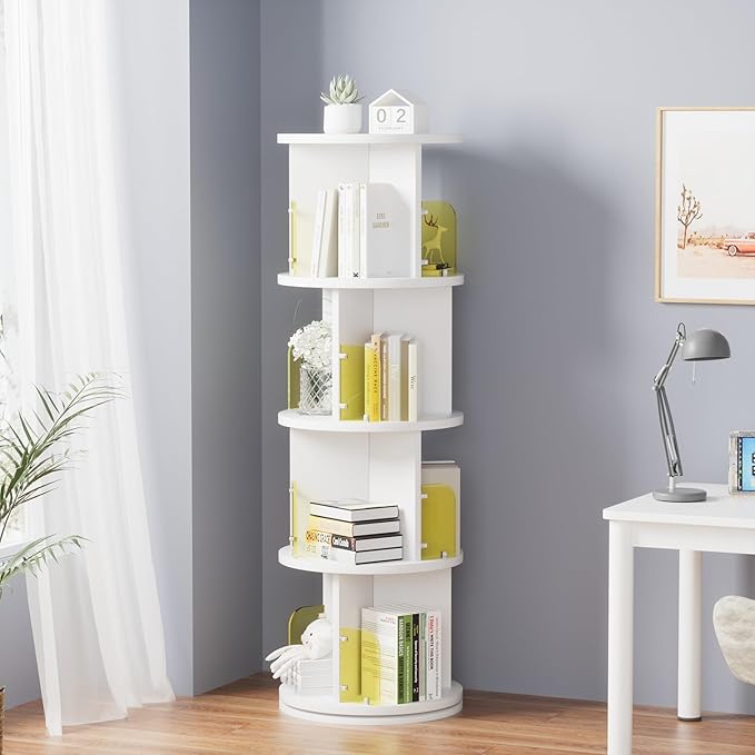 VECELO 4-Tier Rotating Bookshelf, Small Corner Bookshelf for Small Space, 360 Display Floor Standing Bookcase Storage Rack, Wood Narrow Book Shelf Organizer for Bedroom, Living Room, White