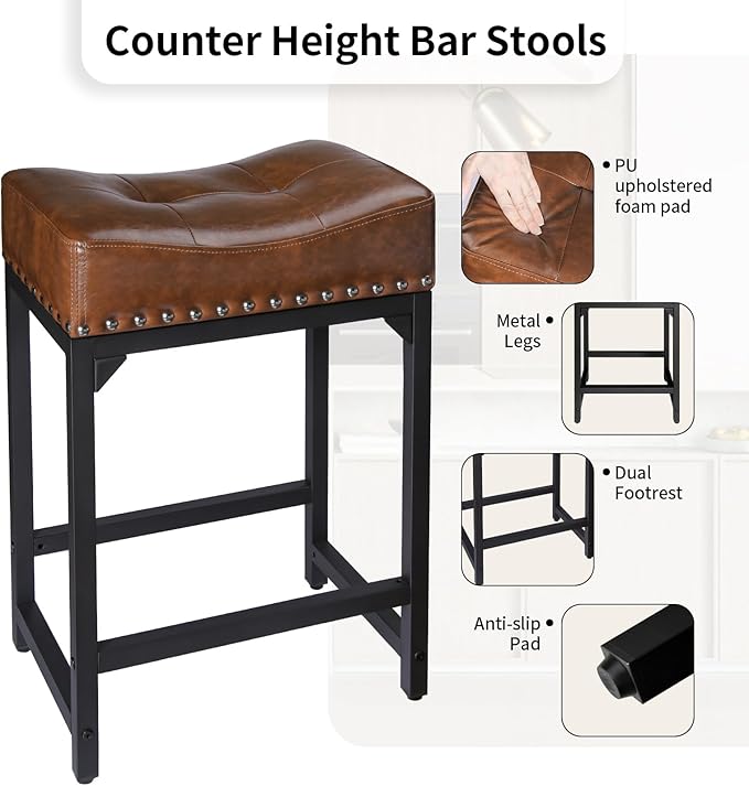 Bar Stools Set of 3, Counter Height Bar Stools for Kitchen Counter, 24 Inch Saddle Backless Barstools Kitchen Stool, Counter Height Stool for Dinning Room, Island-Brown