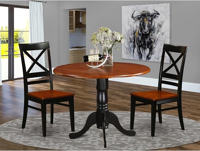 East West Furniture DLQU3-BCH-W 3 Piece Dining Set Contains a Round Dining Table with Dropleaf and 2 Kitchen Chairs, 42x42 Inch, Black & Cherry