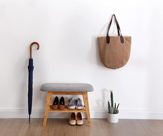 Shoe Rack Bench, Bamboo Entryway Bench, Organizer with 2 Tier Storage, Simple Style, Good Load Bearing, Ideal for Entryway Hallway Living Room,(Nature,23.6'')