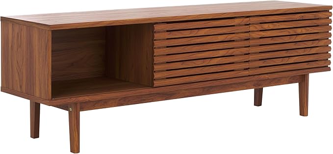 SAFAVIEH Aricia TV Stand for up to 65" Flatscreen – Walnut, 2 Sliding Doors with Interior Storage, 1 Open Shelf, Entertainment Media Console (MED9633A)