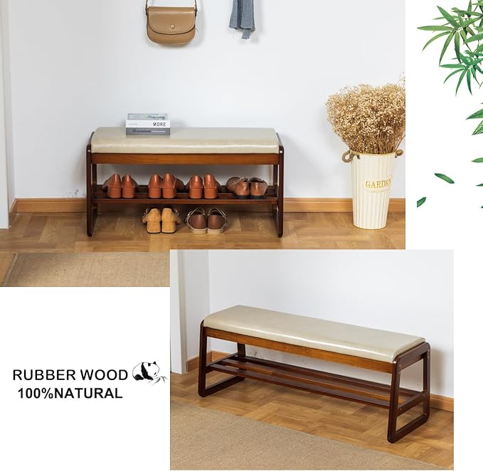 latifolia Solid Wood Bench, Entryway Shoe Bench with Cushion, Flip-Open Storage Compartment, 2-Tier Shoe Organizer(Grey,39.70''L)