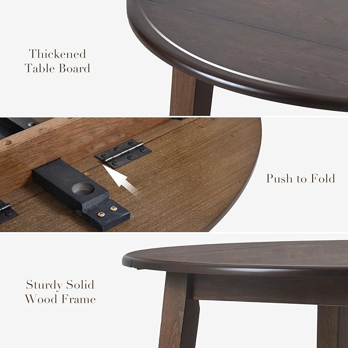 COLAMY 3-Piece Extendable Dining Table Set for 2, 36" Round Kitchen Wood Table with 2 Tufted Dining Room Chairs, Light Brown/Beige