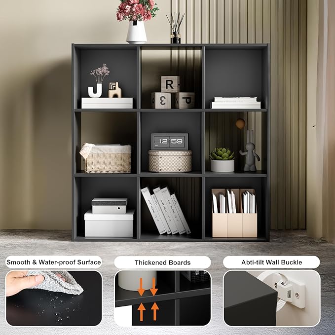 Sweetcrispy 9 Cube Storage Organizer - Open Cube Bookshelf with 5 Removable Back Panels, Display Storage Bookcase for Living Room, Bedroom, Entrance Hall, Home Office，36" L×11.6" W×36" H, Black