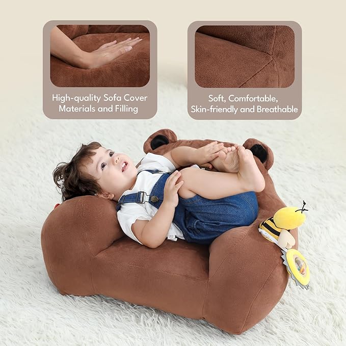 Lovvie & Joy Toddler Sofa Chair, Soft Toddler Kids Chair with Learning Toy Phone,Cloth Book and Rattle Toy,Toddler Chair Couch for Boys and Girls Ages 1+ Years Bear