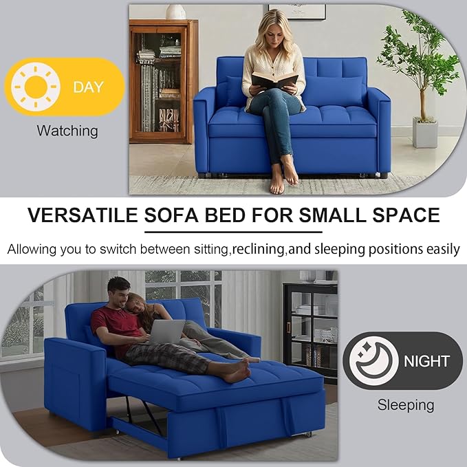 3 in1 Sofa Bed, Pull-Out Sleeper Sofa Bed with 3-Level Adjustable Backrest, Velvet Fabric Convertible Love Seat Sleepers Beds for Living Room & Bedroom & Apartment, Blue