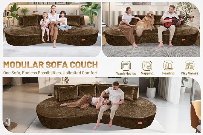Homguava 104'' Modular Sectional Sofa,Curved Modern Sofa with Memory Foam,Deep Seat Cloud Couch with 4 Pillows,Upholstered Oversized Couches for Living Room Apartment Office,No Assembly Required,Brown