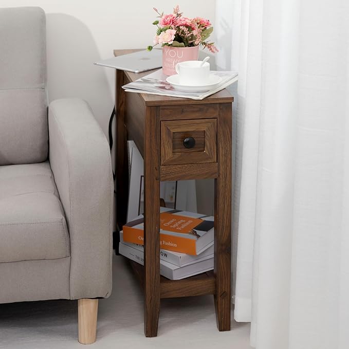 End Table with Movable Top and Charging Station, Narrow Side Table with Storage Cabinet and USB, Sofa Table for Living Room Bedroom