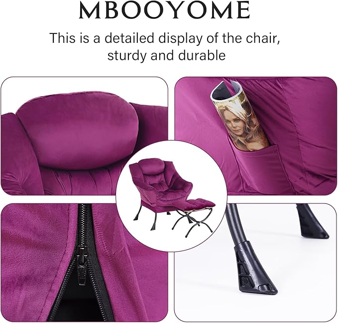 Lazy Chair with Folding Ottoman, Modern Accent Lounge Armchair with Armrests, a Side Pocket & Foldable Footstool, Leisure Reading Chair for Living Room, Bedroom, Dorm & Office, Velvet Purple