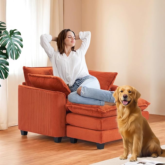 Furniliving Oversized Accent Chair with Ottoman, Luxury Corduroy Single Sofa, Upholstered Deep Seat Chaise Lounge with Pillows for Living Room, Bedroom, Apartment, Orange
