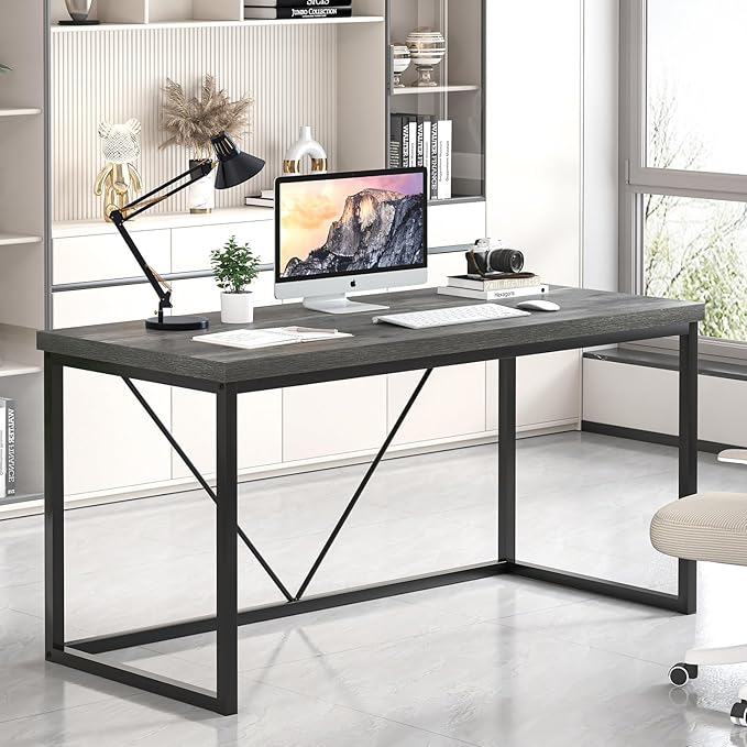 EXCEFUR Modern Home Office Desk, Wood and Metal Computer Desk, Industrial Writing Study Gaming Table for Living Room Bedroom, Rustic Grey, 53 inch