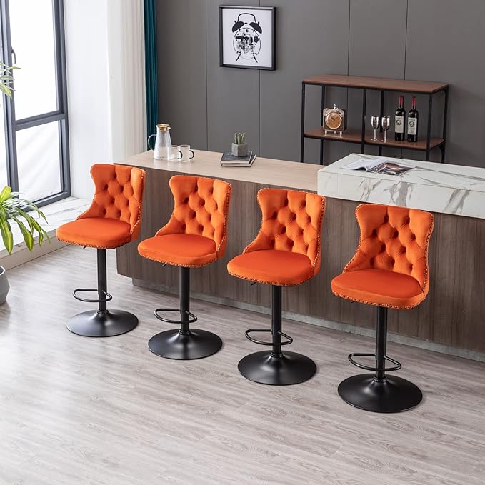 PacknWood Acosure Swivel Velvet Barstools Adjusatble Seat Height from 25-33" with 17.7" Base and Backs Comfortable Tufted,Modern Upholstered Bar Chairs for Home Pub Kitchen,Orange,Set of 2