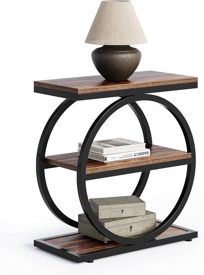 LITTLE TREE End Table Set 2, Side Table with 3 Tiers Shelves, Slim Sofa Side Table for Living Room, Tall Bedside Table Nightstand for Bedroom, Rustic Brown and Black