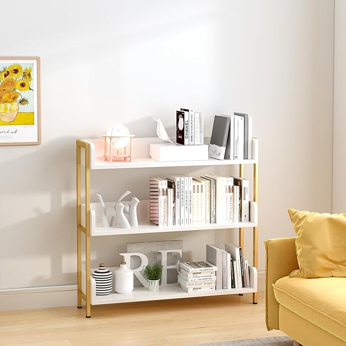 Wide Open Shelf Bookcase - Modern 3-Tier Floor Standing Display Bookshelf with Three-Side Panels for Home and Office, Storage Shelving in Warm White with Gold Frame
