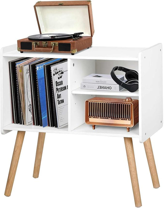 Mid-Century Record Player Stand, Vinyl Record Cabinet Holder with Storage Up to 100 Albums, Record Player Table for Living Room Bedroom Office, Turntable Stand with Wood Legs, White
