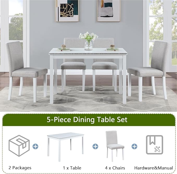 Ball & Cast 5 Piece Dining Table Set,Kitchen Table Set for 4 W/ 45.5" Rectangular Wooden Dining Table,Living Room Furniture W/ 4 Upholstered Chairs,for Dining Room,Kitchen,White