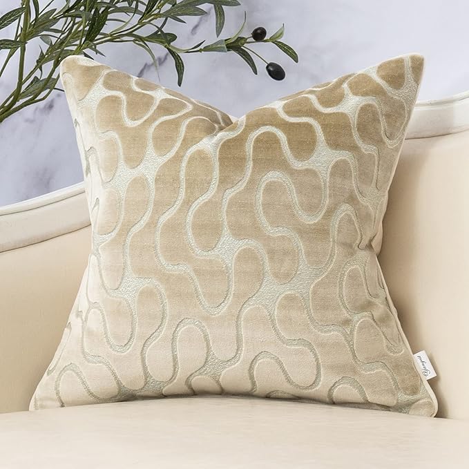 Yangest Beige Square Throw Pillow Cover Wavy Velvet Cushion Cover Modern Zippered Pillowcase for Sofa Couch Bedroom Living Room Chair, 20 x 20 Inch