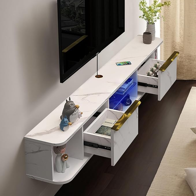 Pmnianhua LED Floating TV Stand with 2 Drawers,70'' Floating TV Shelf with LED Lights,Wall Mounted Media Console,Floating Entertainment Center with Storage for Bedroom Playroom Living Room(White)