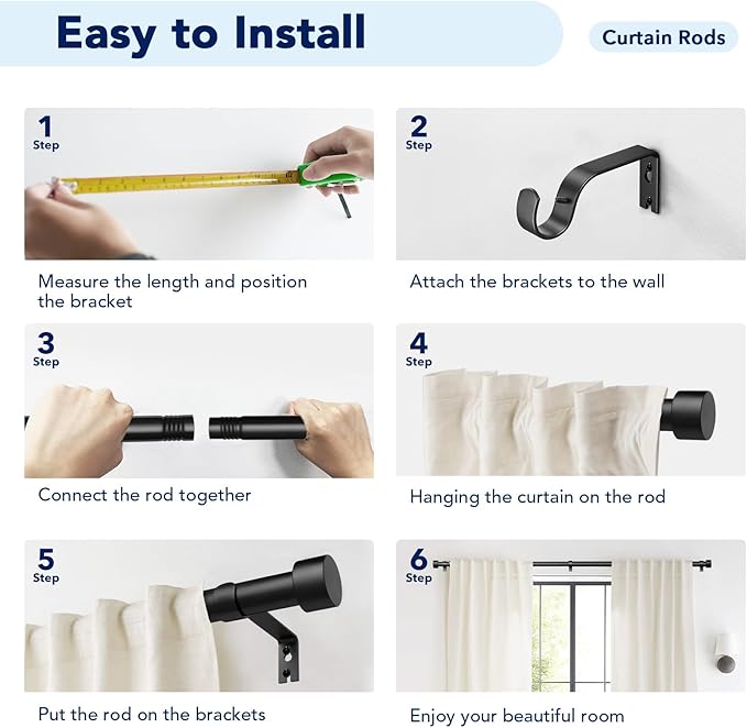 2 Pack Curtain Rods for Windows 48 to 84 Inch(4-7ft), 1 Inch Black Adjustable Heavy Duty Curtain Rod Set, Outdoor Long Drapery Rods for Patio Bedroom, Size 32"- 90"