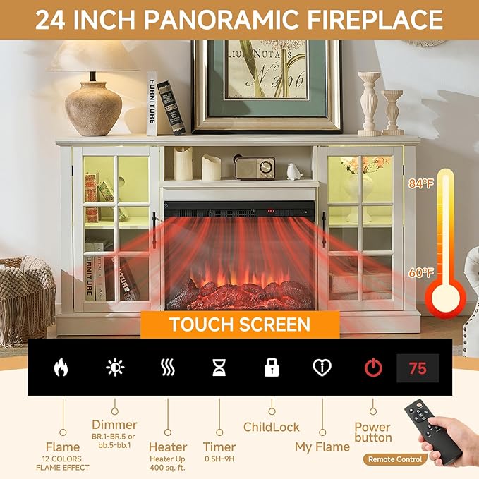 ROCKPOINT 3 Sided Glass 59'' Fireplace TV Stand for TVs up to 65'', Media Entertainment Center with Glass Door Storage Cabinet for Living Room,24” Electric Fireplace & Adjustable LED Light,White