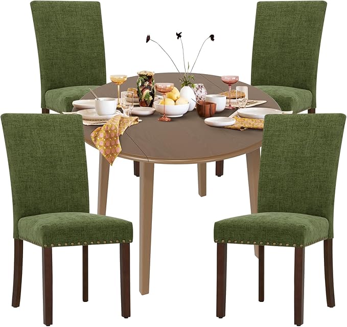 COLAMY 5-Piece Extendable Dining Table Set for 4, 36" Kitchen Round Wood Table with 4 Nailhead Dining Room Chairs,Light Brown/Green