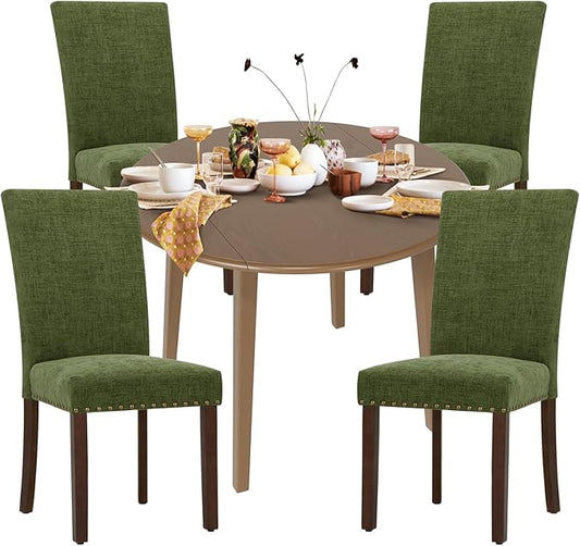 COLAMY 5-Piece Extendable Dining Table Set for 4, 36" Kitchen Round Wood Table with 4 Nailhead Dining Room Chairs,Light Brown/Green