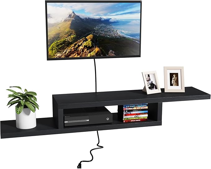 ChooChoo Floating TV Stand Shelf, Wall Mount Entertainment Center, 60” Media Console Stand for Living Room, Bedroom, Black