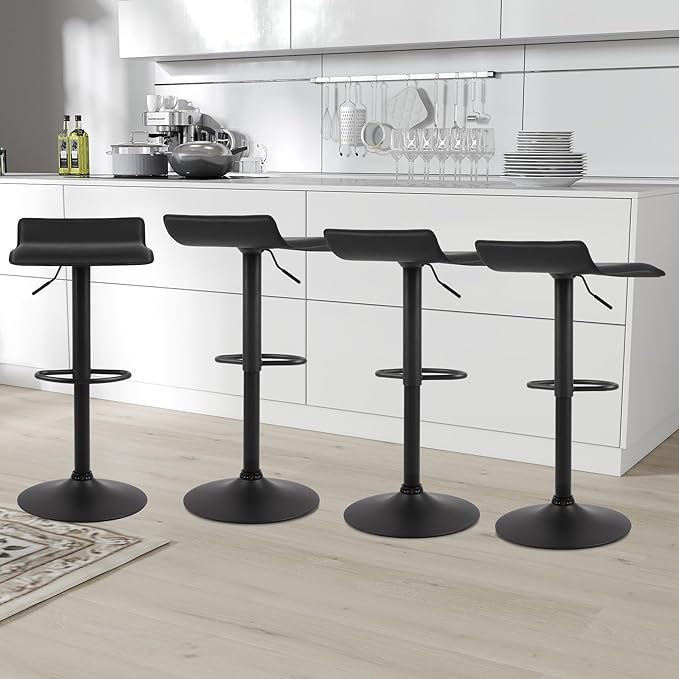 NOBPEINT Contemporary Chrome Air Lift Adjustable Swivel Bar Stool with Black Base, Set of 2, Black
