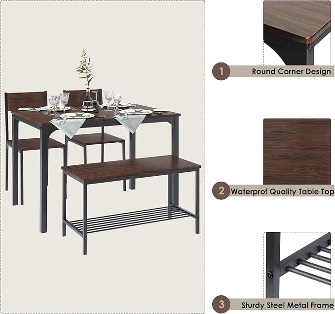 SogesHome 4-Piece Kitchen Table and 2 Chairs for 4 with Bench, Dining Table Set for Small Space, Apartment, Living-Room, Restaurant, Dark Walnut